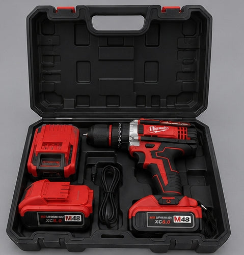 Taladro Percutor Inalámbrico 48V Tipo Milwaukee con 2 Baterías y 25 Accesorios
