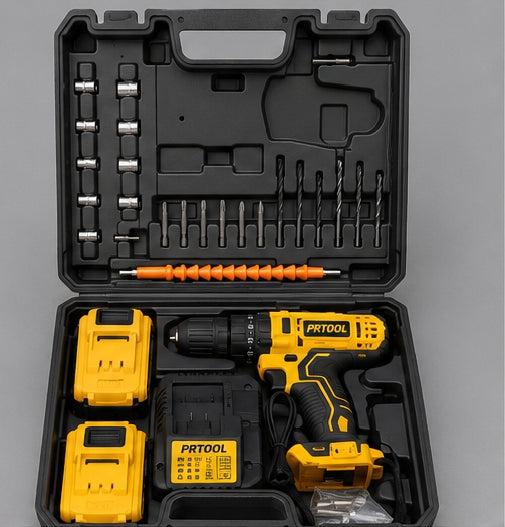 Taladro Inalámbrico PRTOOL 1300D con 2 Baterías y Kit Completo de Accesorios