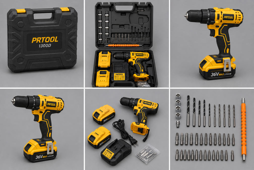Taladro Inalámbrico PRTOOL 1300D con 2 Baterías y Kit Completo de Accesorios