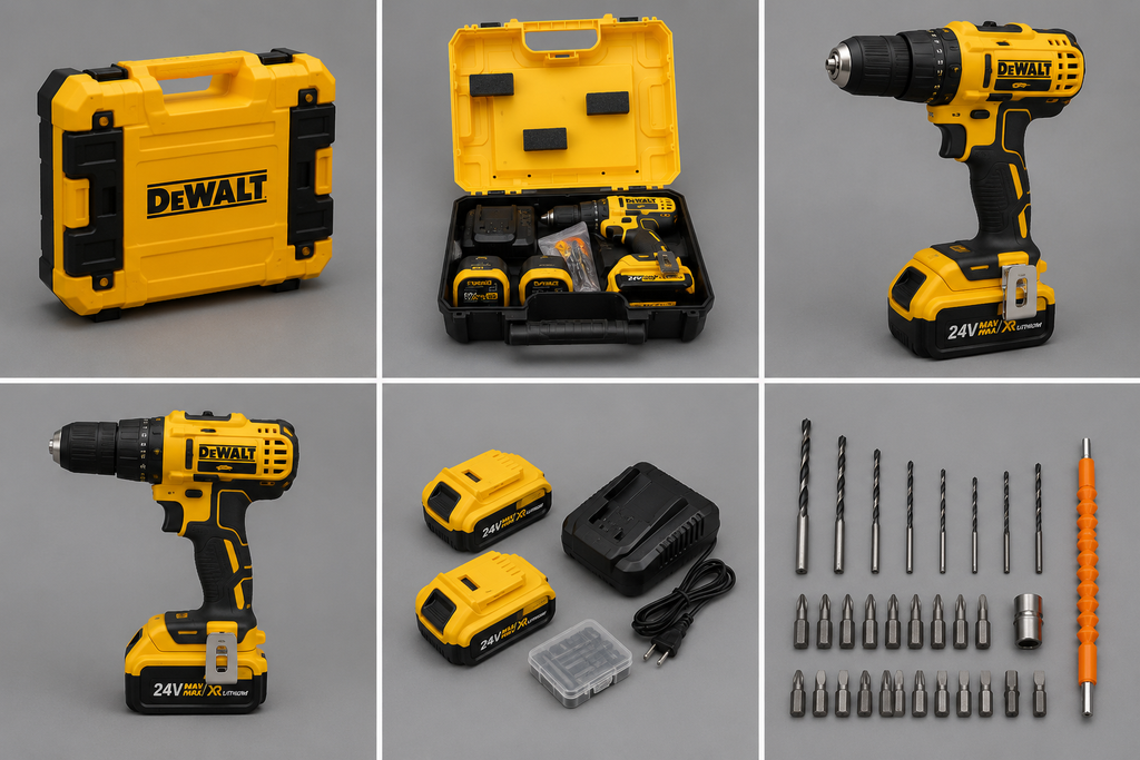 Taladro Percutor Inalámbrico Brushless 24V Tipo DeWalt con 2 Baterías