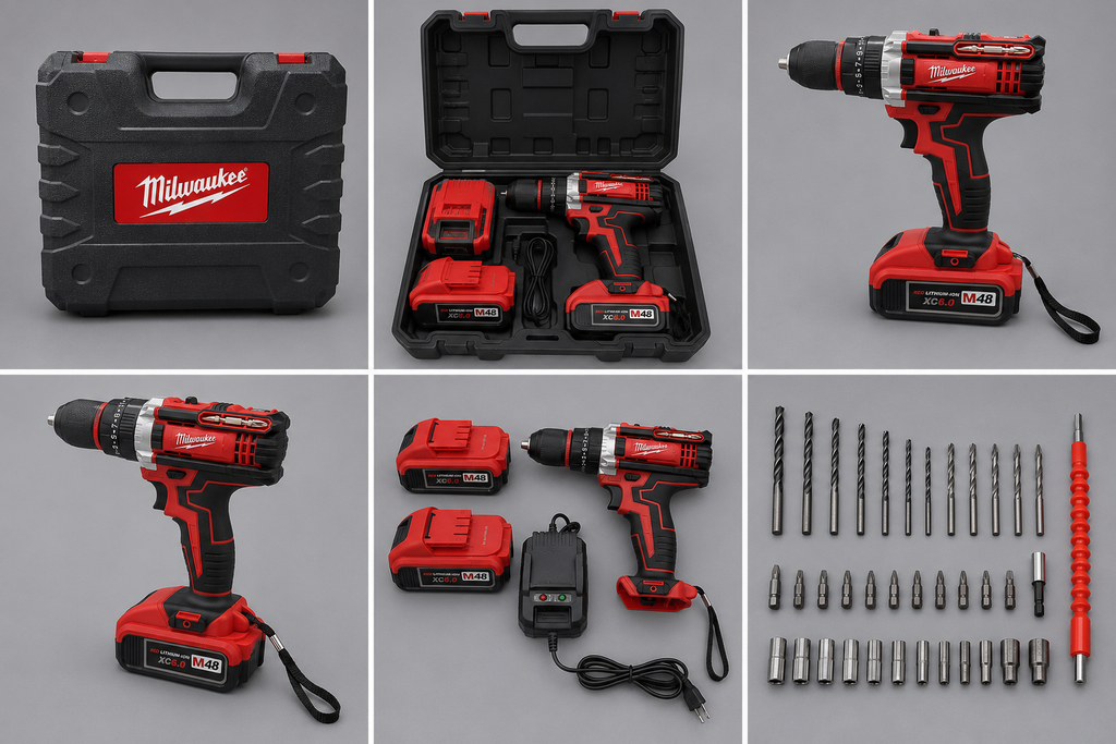 Taladro Percutor Inalámbrico 48V Tipo Milwaukee con 2 Baterías y 25 Accesorios
