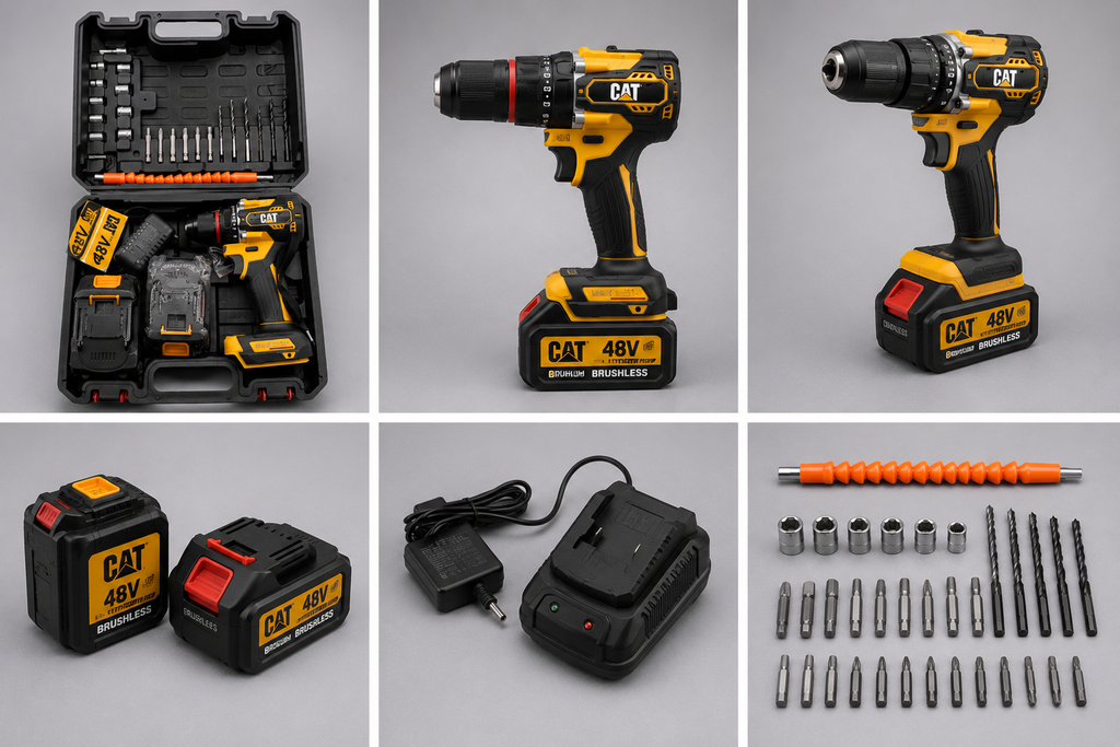 Taladro Inalámbrico CAT 48V Brushless con Kit Completo de Accesorios