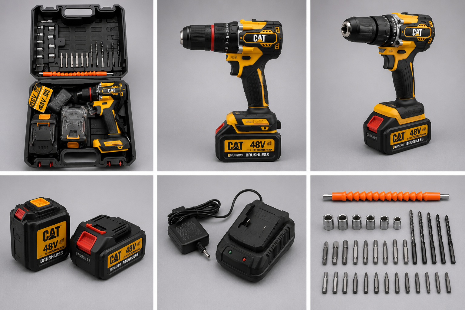 Taladro Inalámbrico CAT 48V Brushless con Kit Completo de Accesorios